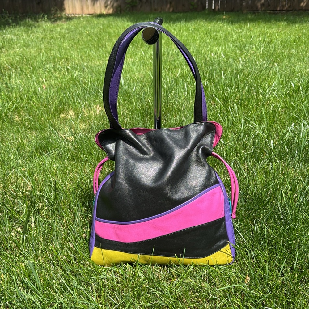 Ili New York colorful authentic leather drawstring tote